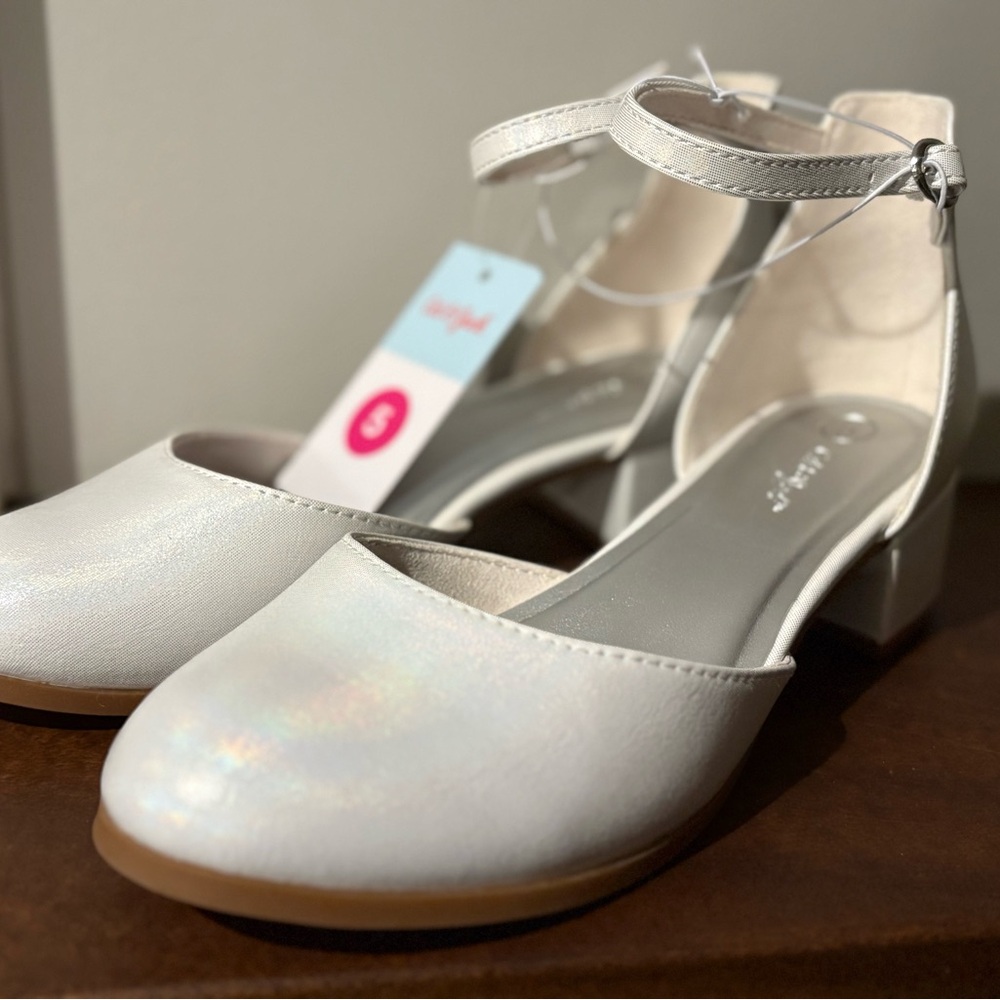 Cat & Jack Shimmering White Ankle Strap Dress Shoes